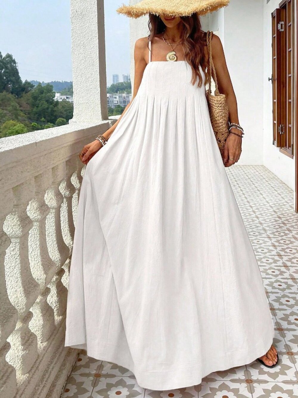 White Casual Women's Spaghetti Straps square neckline Loose Dress